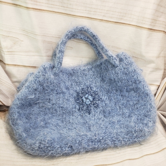 Alpaca Wool Boho Handbag Cinch Purse Cornflower Blue 15 x 11 Inches - Picture 10 of 10